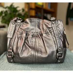 B. Makowsky Silver Leather Shoulder bag with Leopard Print Interior